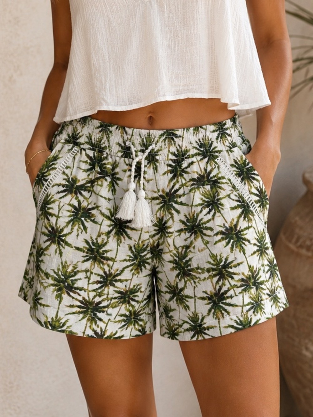 Briggs Women’s Tropical Palm-print Linen-Blend Pull-On Shorts Size Medium EUC